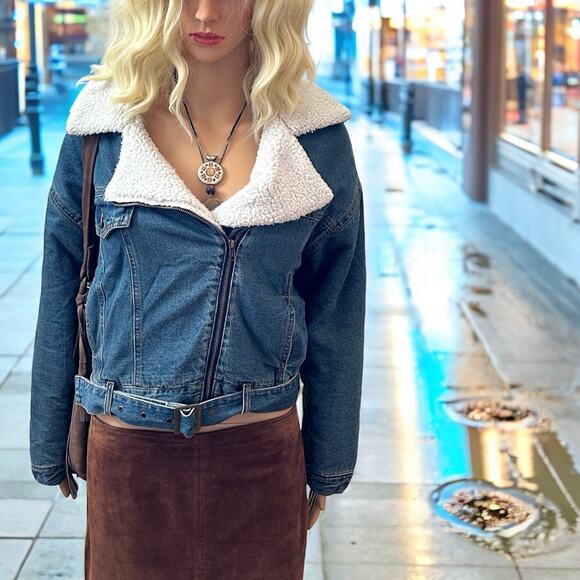 Sherpa Lined Denim Moto Jacket by Vylette Small - Picture 2 of 8